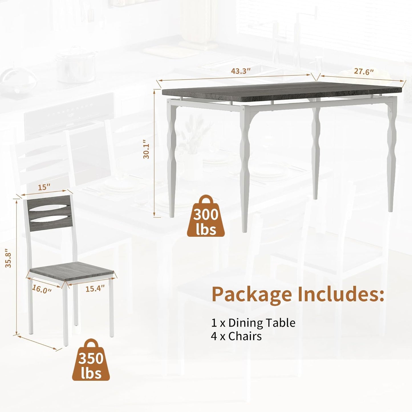 GarveeHome 5 Piece Dining Table Set, Industrial Style Dining Table and Chairs Set for 4, Kitchen Table Set for Dining Room Kitchen Apartment, Grey