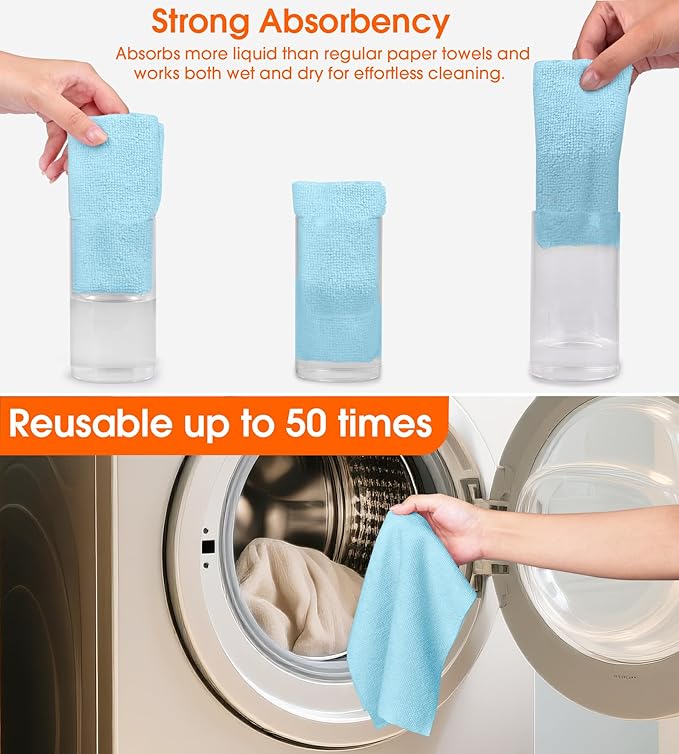 Microfiber Cleaning Cloth Roll–100 Pack, Tear Away Microfiber Towels, Reusable, Washable, Scratch-Free, Kitchen Towels for Car, Home, Kitchen, Glass, Dishes (Blue)