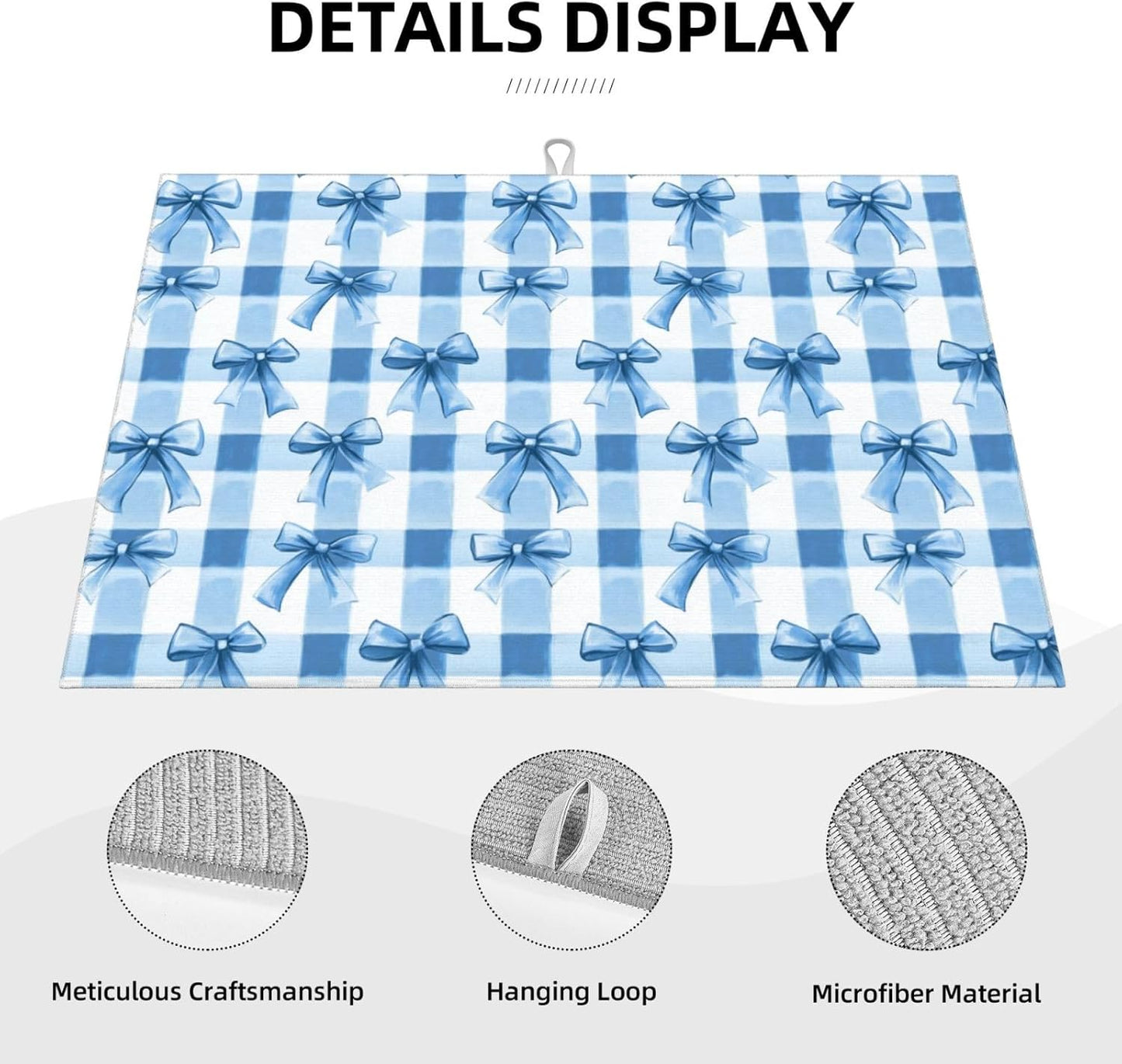 Dish Drying Mat for Kitchen Blue Bows Check Counter Absorbent Dishes Drainer Microfiber Large 18x24 Inch