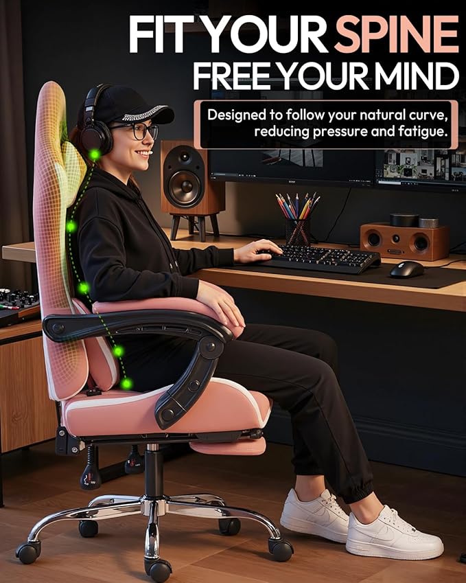 Dowinx Ergonomic Pink Gaming Chair with Footrest & Massage Lumbar, 2D-Linkage Armrests for Cute Aesthetic Esports Chair for Girls, Office, Home and Long Gaming Sessions, Pink