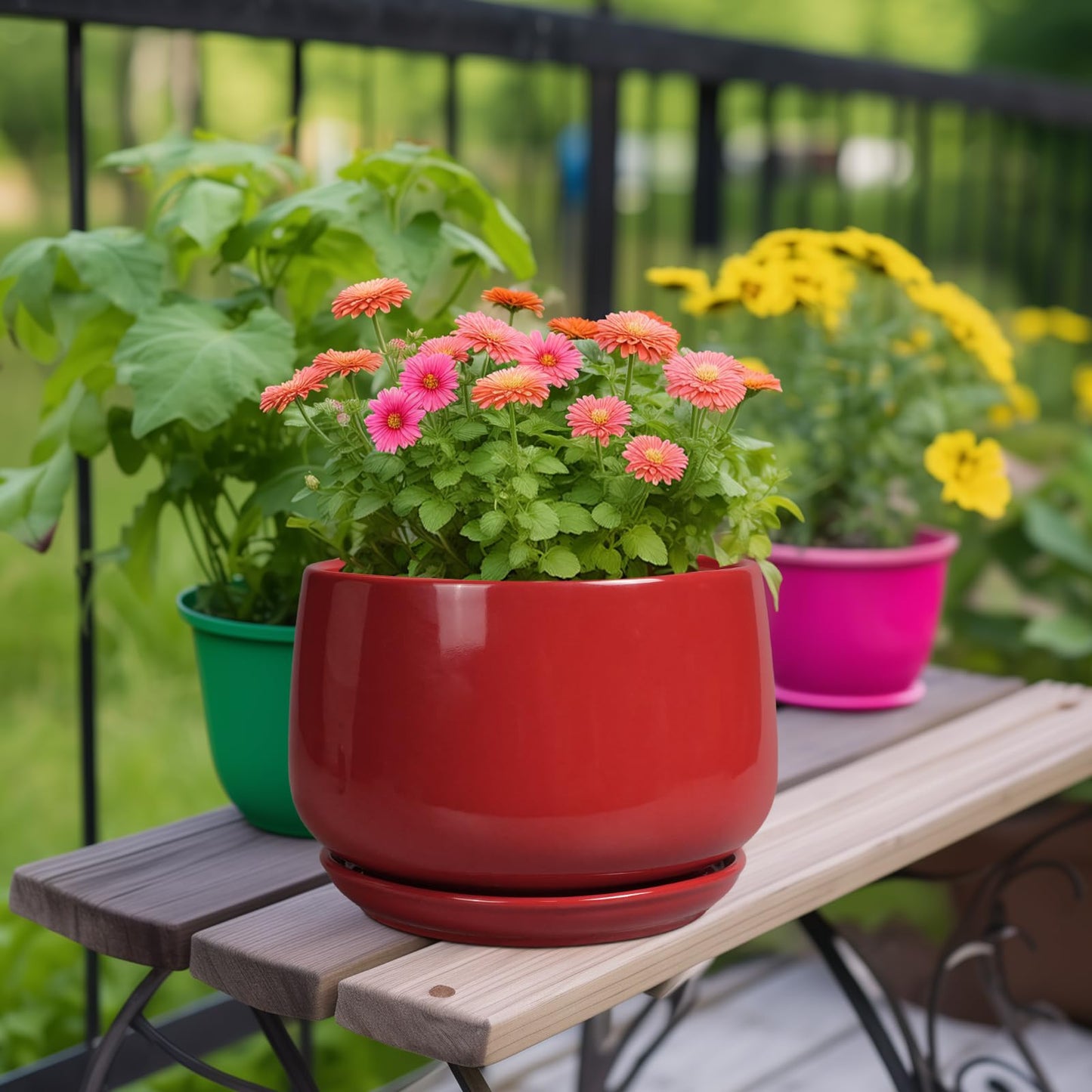 G EPGardening Ceramic Plant Pots - 9 Inch Flower pots for Indoor Outdoor Plant, Round Planter with Drainage and Saucer, Modern Home Decor, Gift for Women Men, Red