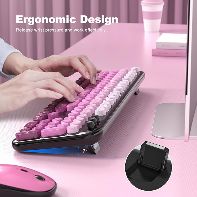 Wireless Keyboard and Mouse Combo, MOWUX Colorful Computer Full Size 2.4G Plug and Play Wireless Typewriter Keyboard and Mouse Set for Computer, Desktop, PC (Black Pink Gradient)