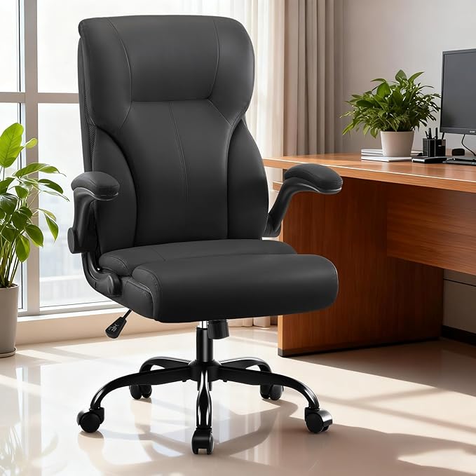 Executive Office Chair,High Back Ergonomic Comfy Desk Chair with Padded Flip-up Armrests and Wheels,PU Leather Heavy Duty Computer Swivel Rolling Task Chair for Home Office,Adults,White