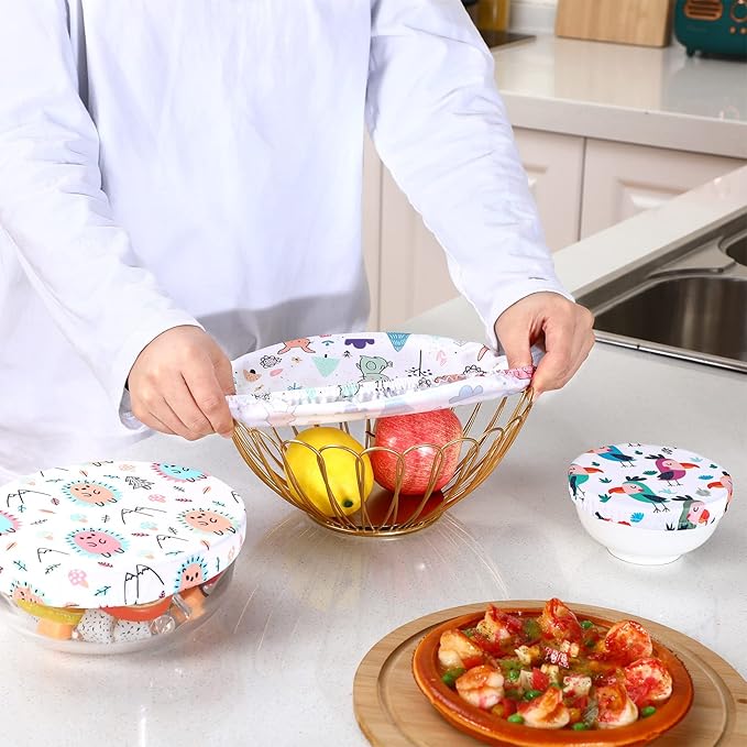Patelai 10 Pcs Bowl Covers Reusable in 5 Size Stretch Cloth Fabric Elastic Food Storage Bowl Covers Bread Sourdough Lids for Proofing Food Fruits Leftover(Multicolor,Cute Style)