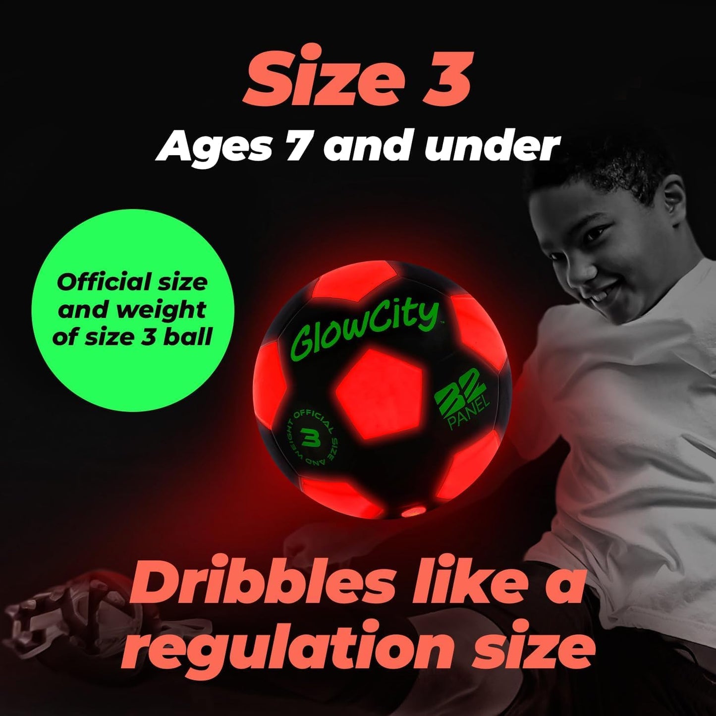GlowCity Glow in The Dark Soccer Ball - Sizes 3, 4, 5 for Kids, Teens & Adults - Light Up Soccer Ball with 2 LED Lights - Sports Birthday Gifts Ideas for Boys & Teenagers Ages 6 7 8 9 10 11 12 13 14