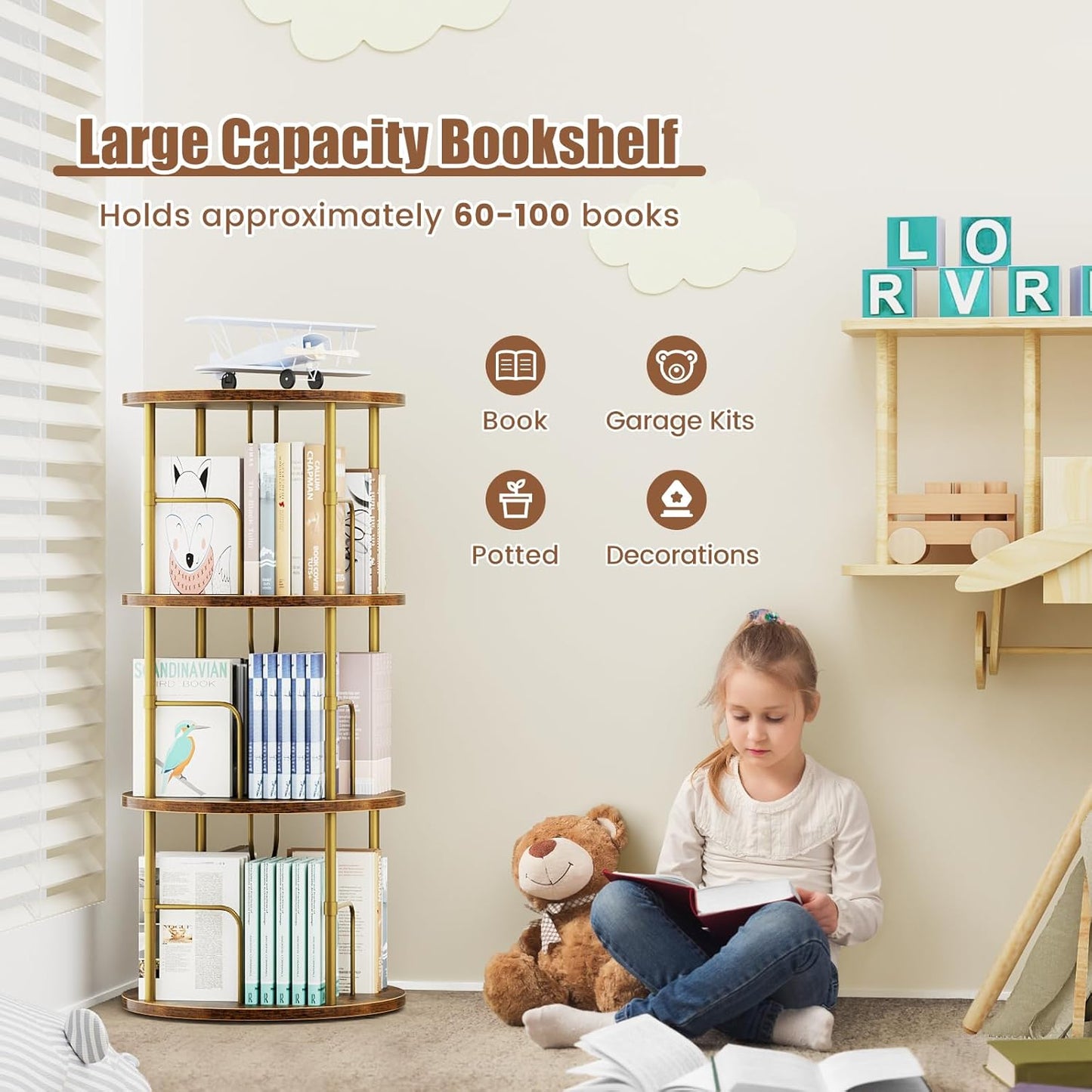 Rotating Bookshelf, 3 Tier Round Revolving Bookcase with Special Visible Partition Storage, 360° Display Spinning Bookshelf Tower Storage Organizer Rack for Bedroom, Living Room, Small Space, Gold