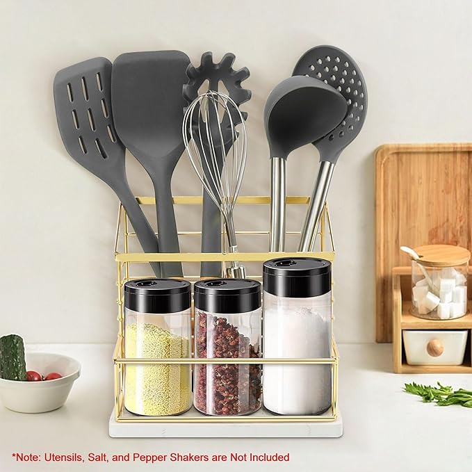 Utensil Holder for Kitchen Counter, Metal Utensil Holder Rack for Salt and Pepper Shakers for Kitchen Countertop, Cooking Tools Storage for Spatula, Large Utensil Organizer with Marble Base