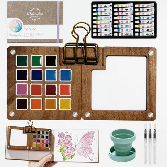 Osctor Mini Watercolor Travel Set, Portable Watercolor Paint kit Wooden Palette with 24 Color, Brush, Sketchbook, Metal Clip, Water Cup for Adults Painting Enthusiasts
