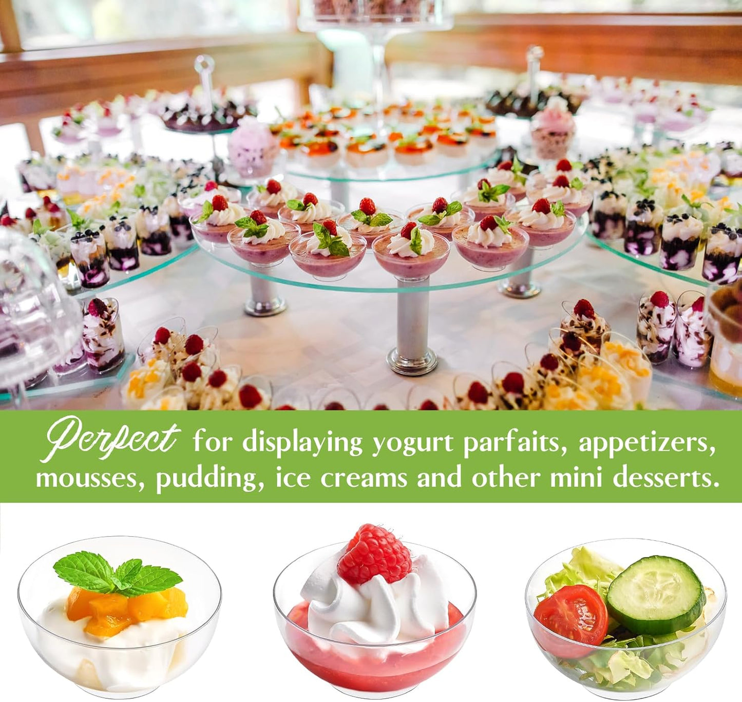 Qeirudu 50 Pack 3 oz Mini Dessert Cups with Spoons, Clear Small Round Party Serving Bowls for Yogurt Parfait Fruit Mousses Appetizer Ice Creams