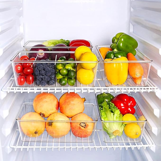 4 Pack Pantry Organizers and Storage,Snack Containers with 3 Dividers for Kitchen,Fridge,Refrigerator Organization and Storage,Clear Plastic Organizer Bins for Spice,Tea bag,Seasoning