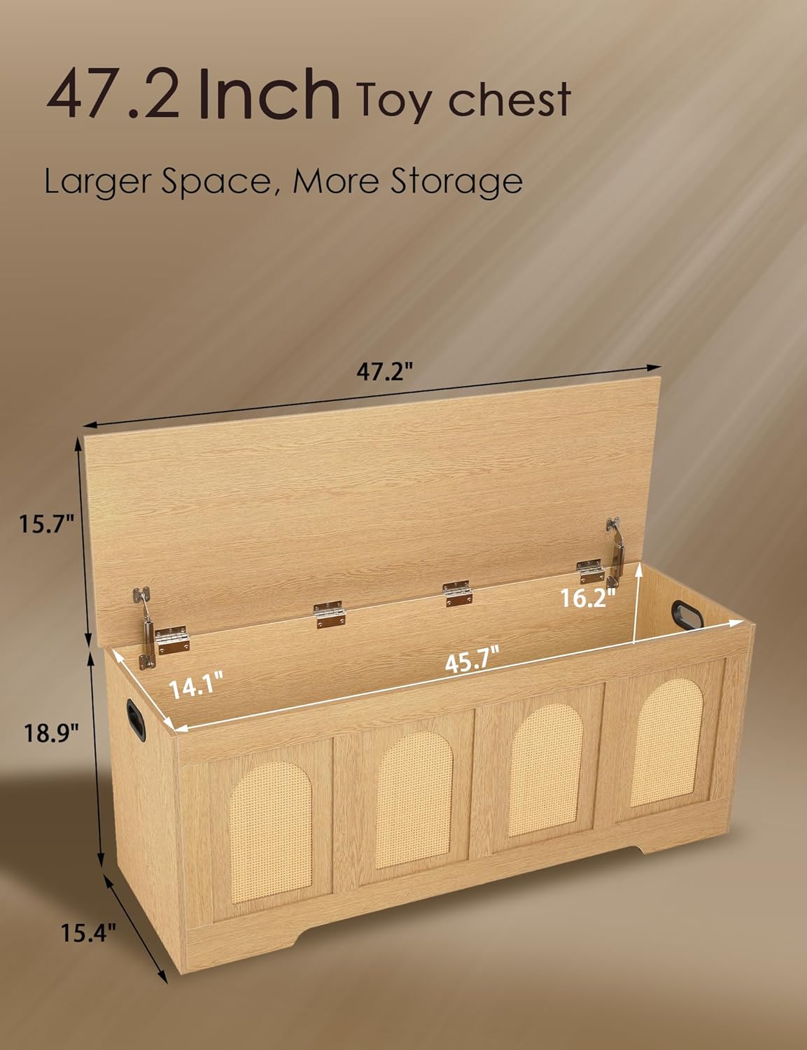 DINZI LVJ Storage Chest, 47.2" Rattan-Like Toy Box with 2 Safety Hinges, Wooden Entryway Storage Bench with Flip-Top, Large Trunk for Living Room, Bedroom, Easy Assembly, Natural
