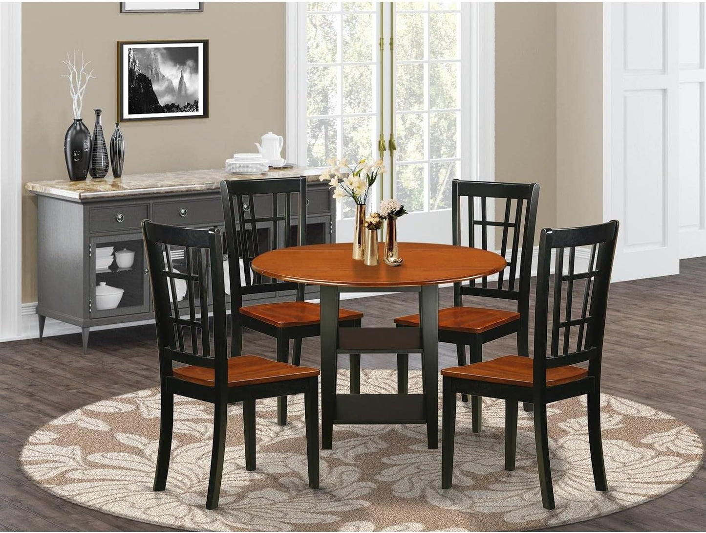 East West Furniture SUNI5-BCH-W 5 Piece Dining Room Furniture Set Includes a Round Dining Table with Dropleaf & Shelves and 4 Wood Seat Chairs, 42x42 Inch, Black & Cherry