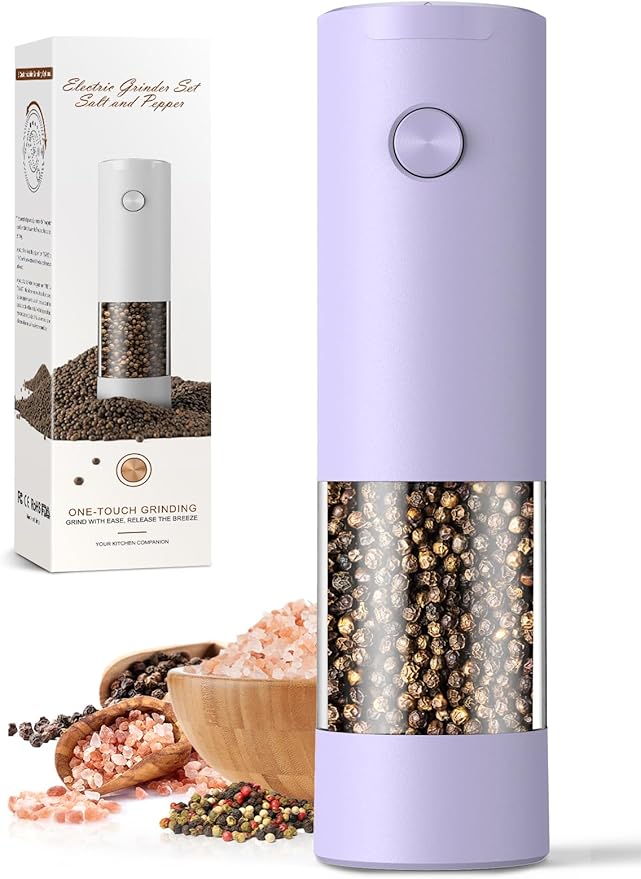 Salt and Pepper Grinder Set Christmas Gifts for Women Automatic Battery Purple Pepper Mill Shakers Kitchen Accessories Cooking for Mom, Adjustable Coarseness Salt Pepper Shakers White Elephant Gift