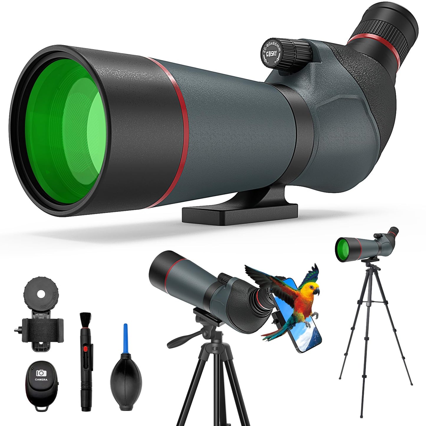 Gosky 20-60x65 Spotting Scope with Full Size Tripod, Phone Adapter, Controller and Cleaning Kit, Spotting Scope for Bird Watchin