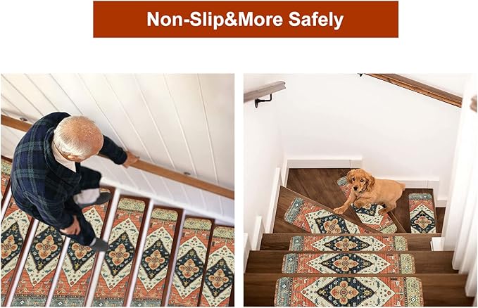 OJIA Non-Slip Carpet Stair Treads for Wooden Steps Set of 15, 30''X8'' Indoor Runner Resistant Rugs Rubber Safety Mats for Dogs, Kids & Elders, Stairway Grip