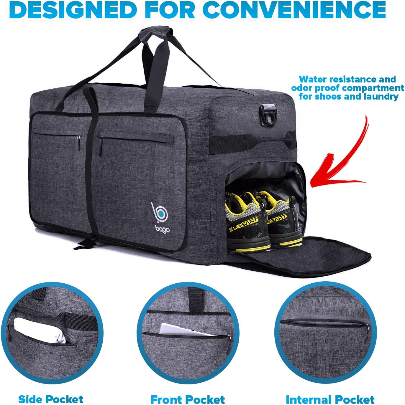 Bago Large Foldable Duffel Bags for Traveling Women & Men - 120L Packable Duffle Bag for Travel with Shoe Compartment - Water Repellant, Heavy Duty, Lightweight Folding & Collapsible (SnowBlack)