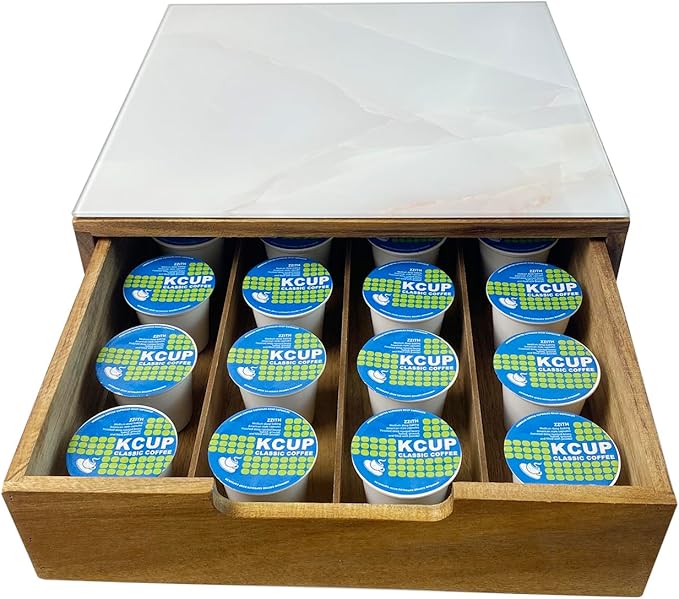 Tempered Glass and Natural Wood Coffee Pod Drawer Organizer - 20 Capsule Multifunctional K Cup Storage | Countertop Coffee Station Organizer for Home/Office (White)