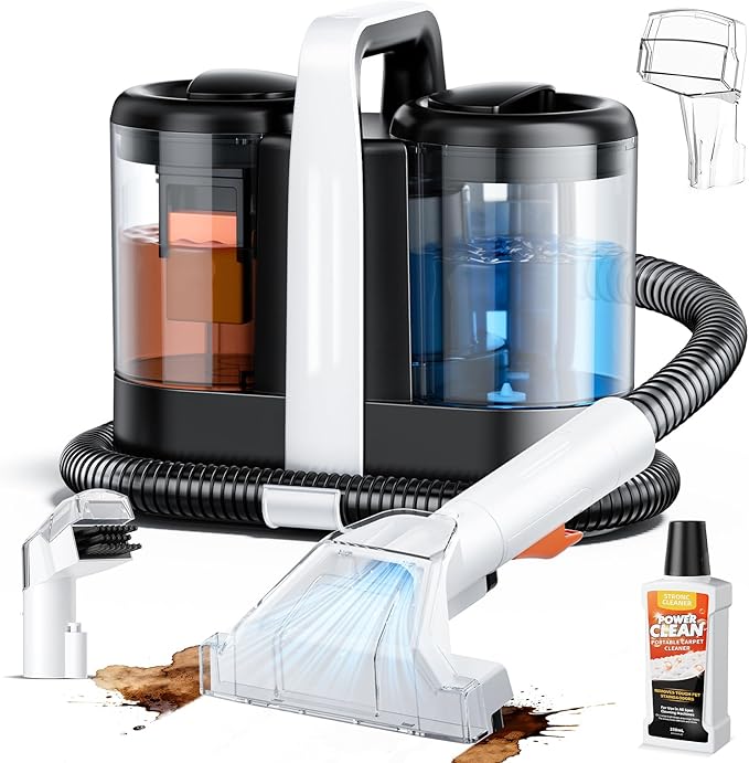 Portable Carpet & Upholstery Spot Cleaner Machine, Pro 18Kpa Powerful Suction Carpet Shampooer for Pet Stains, Furniture, Sofa, Stairs & Car Deep Cleaning with Dual Brush Heads & Cleaning Solution