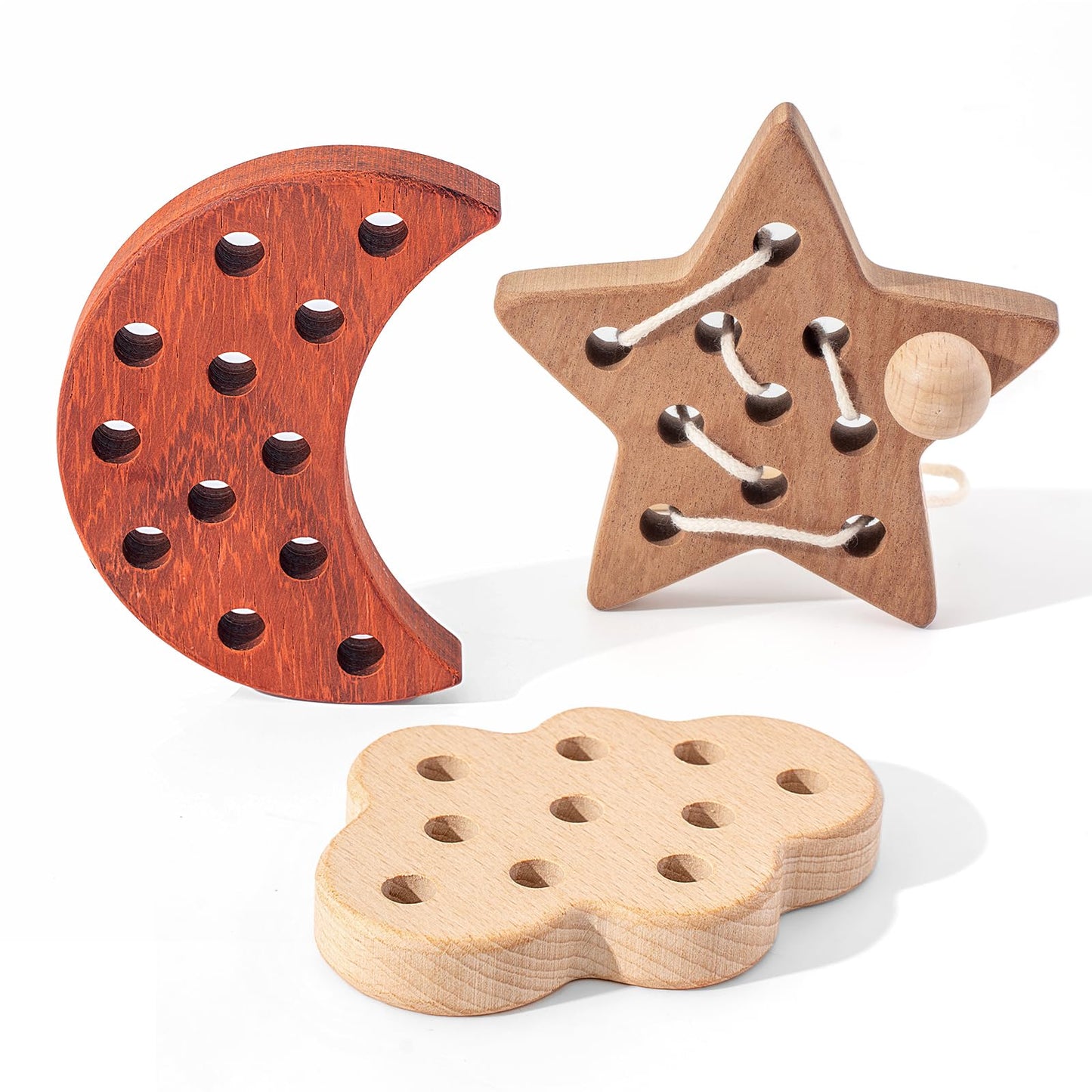 FlameFlash 3 Pack Wooden Lacing Threading Toys for Toddlers 1-3 Solid Wood Threading Activity Puzzles, Moon/Stars/Cloud Quiet Toddler Toys for Airplane Travel Fine Motor Skills Sensory Toys