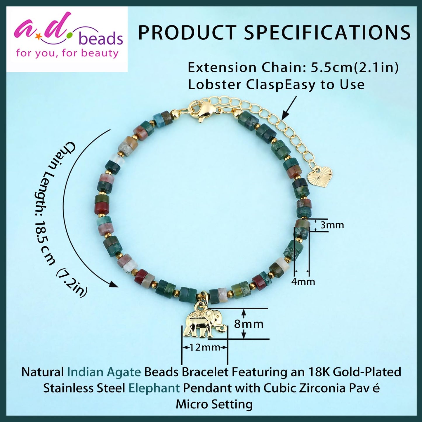 Natural Gemstone Healing Crystal Indian Agate Dainty Charms Elephant Bracelet Adjustable Chain Extender Minimalist Jewelry