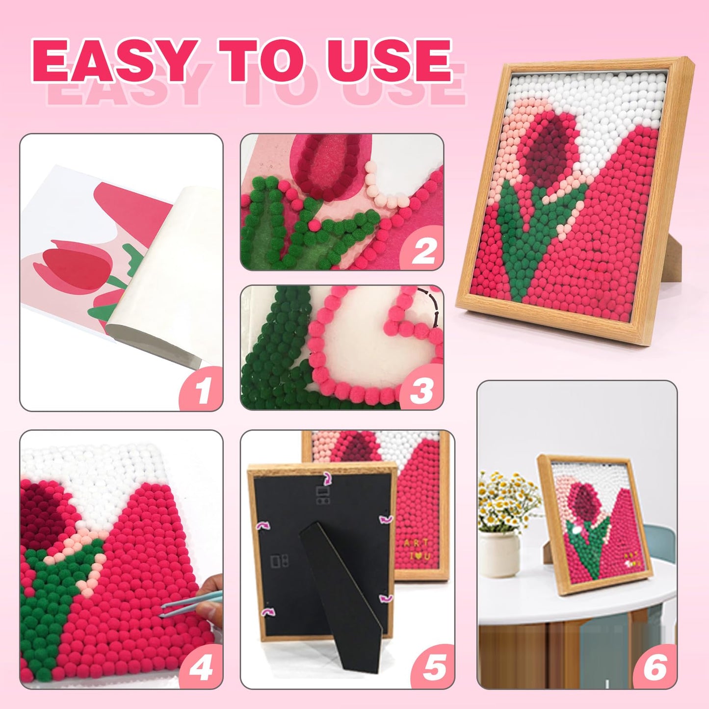 URSDIART Tulip Pom Pom Art Kit for Adults,Perfect Pompom Arts and Crafts Painting Kit,Colorful 1000+ Pom Poms and Supplies Included,Creativity DIY Pom Pom Paintings Project Supplies