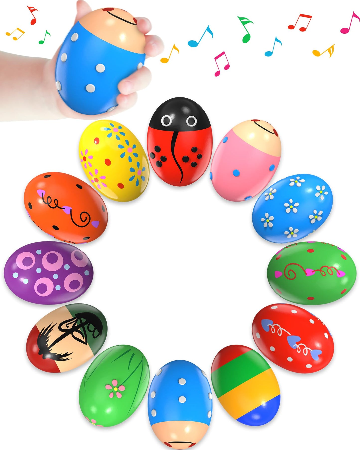 12 Pack Wooden Percussion Musical Shaker Prefilled Easter Eggs With Toys Inside Filled, Toddlers Easter Basket Stuffers Egg Fill