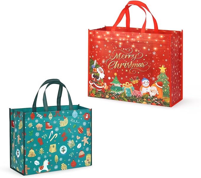 Aviski 2PCS Giant Christmas Gift Bags, Assorted Sizes, Heavy Duty Treat Tote Grocery Bags with Handles, Sewing Non-Woven Jumbo Bags for Gifts Wrapping Shopping, Xmas Party Supplies