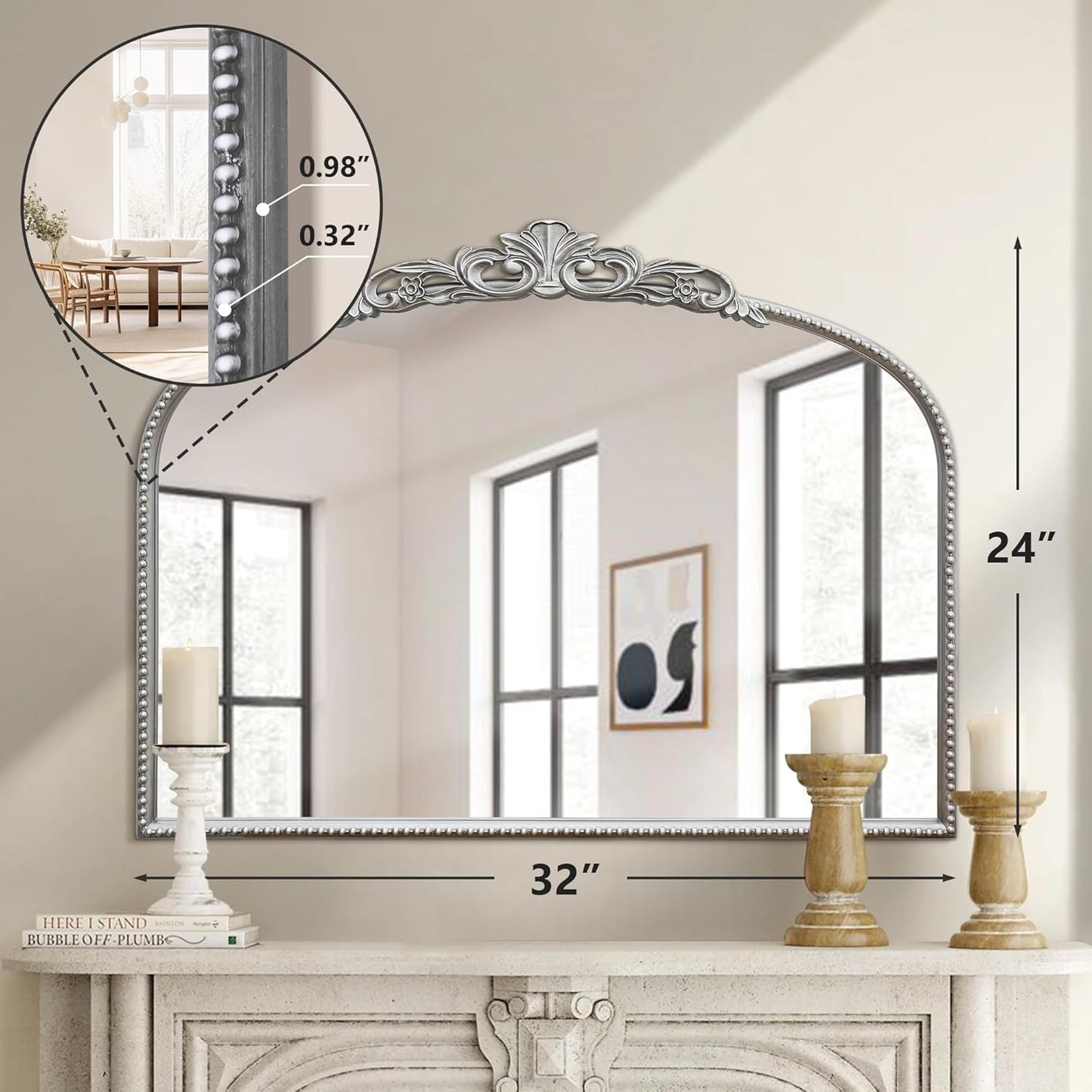 Micasso Silver Vintage Wall Mirror: 24"x 32" French Baroque Antique Arched Wall Mounted Mirror - Traditional Ornate Decorative Entryway Mirror for Home Decor/Entryway/Fireplace/Living Room/Hallway