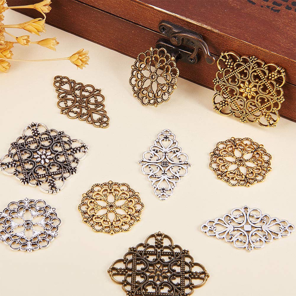 PH PandaHall 40pcs Filigree Connectors, 3 Color Rhombus Flower Charms Hollow Pendants Tibetan Metal Filigree Embellishments for DIY Hairpin Headwear Earring Necklace Jewelry Making