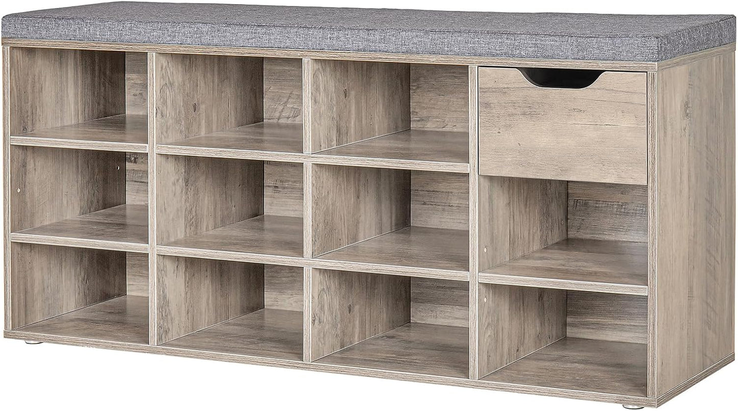 DINZI LVJ Shoe Bench, Entryway Storage Bench with Drawer and 11 Cubbies, Cubby Shoe Rack with Adjustable Shelves, Organizer Cabinet for Living Room, Bedroom, Mudroom, Closet and Garage, Greige