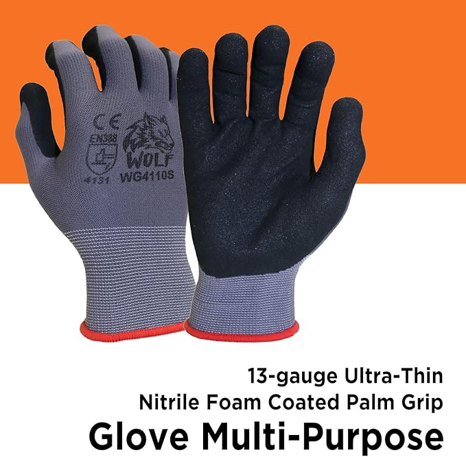 WOLF Ultra-Thin Nitrile Foam Palm Coated Glove with Tacky Dot Grip, Multi Purpose