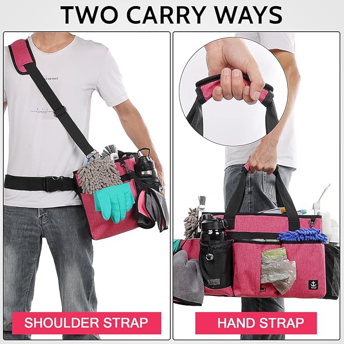 Large Cleaning Caddy Bags Pink with Sturdy Support Board, Cleaning Organizer with Detachable Dividers, Cleaning Supply Tote with Adjustable Shoulder Strap & Waist Belt for Cleaners Housekeepers