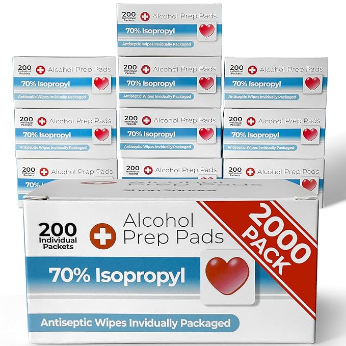 Alcohol Prep Pads - 70% Isopropyl Alcohol Wipes, 2000 Pack Individually Wrapped Alcohol Pads Bulk - Great for Home, Medical and First Aid Kits