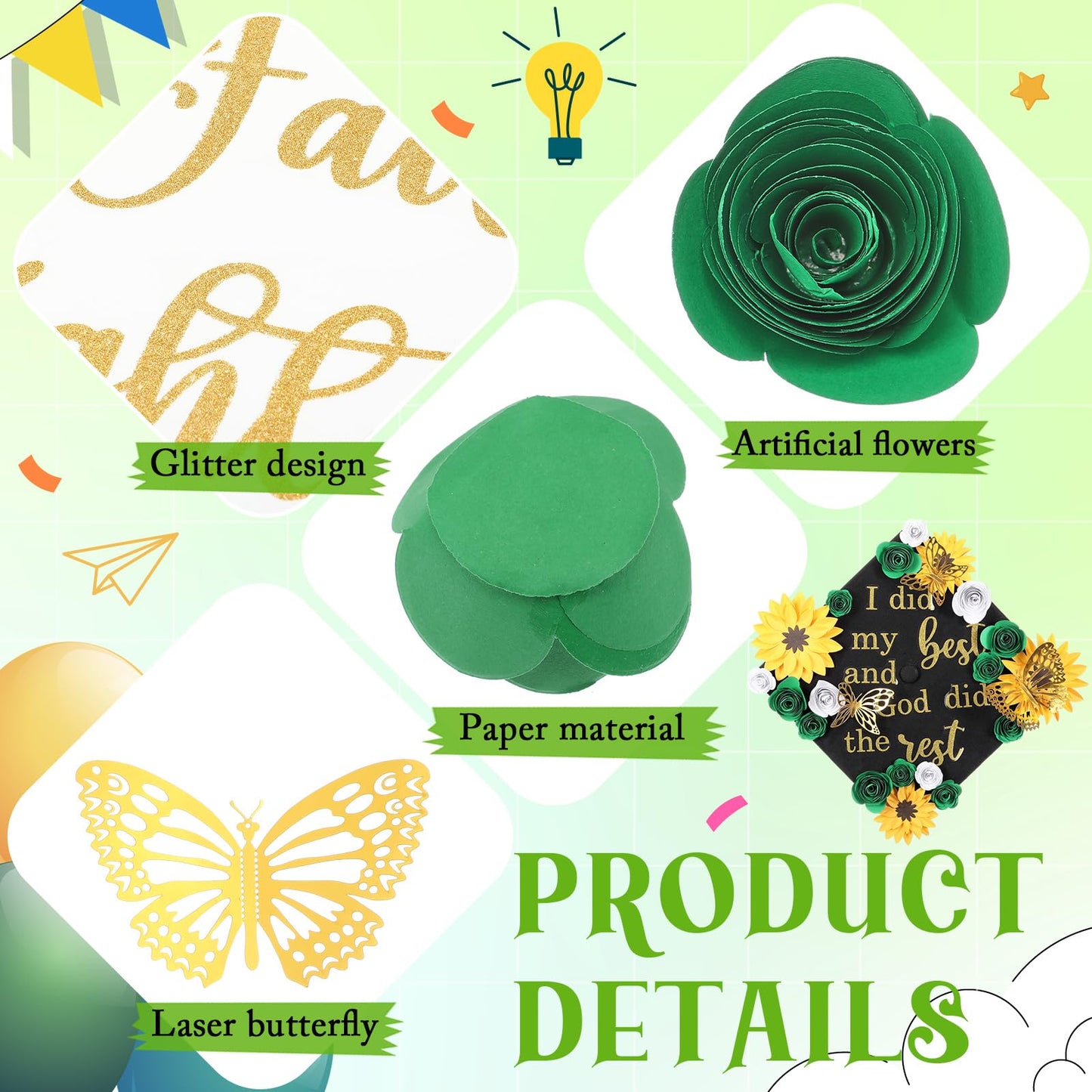 Suncalla Green DIY Graduation Cap Decorations Kit, 20 Pcs Roses Sunflower Flower Heads 4 Inspirational Quote Glitter Stickers 12 3D Butterfly Grad Cap Topper for Cake Photo Art DIY Grad Party Supplies