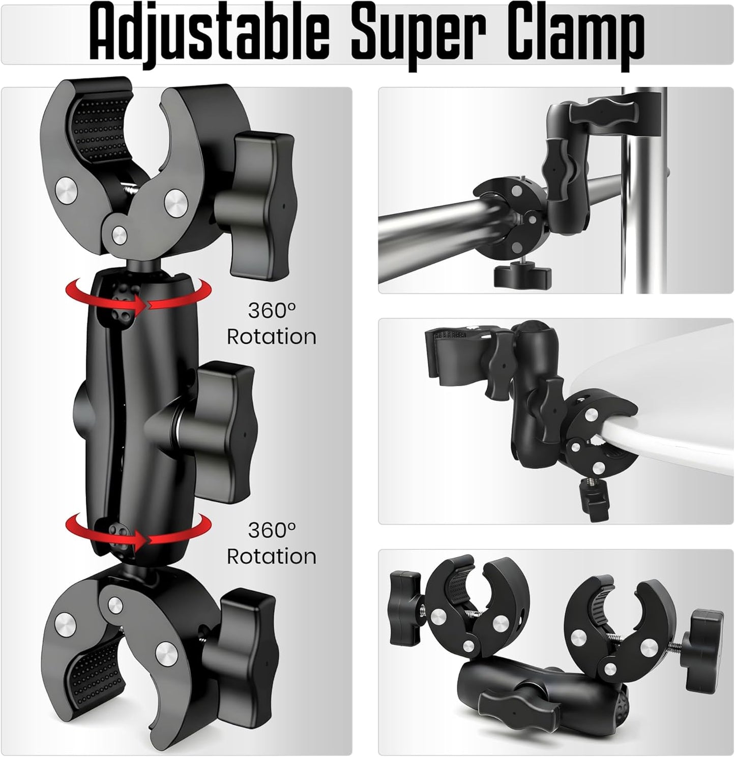 Premium 3-in-1 Umbrella Clamp for Chairs, Strollers, Boats & Kayaks Adjustable Mounting Bracket for Umbrella, Camera & Phone Durable Anti Slip Trolling Motor Stabilizer for Outdoor Hands Free Use