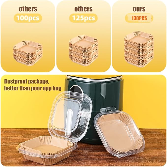 9.5 Inch Paper Air Fryer Liners Disposable,130 Pcs Square Air Fryer Parchment Liners, Suitable for 5-8 Qt,Non-stick &Oil-proof Parchment Paper for Frying