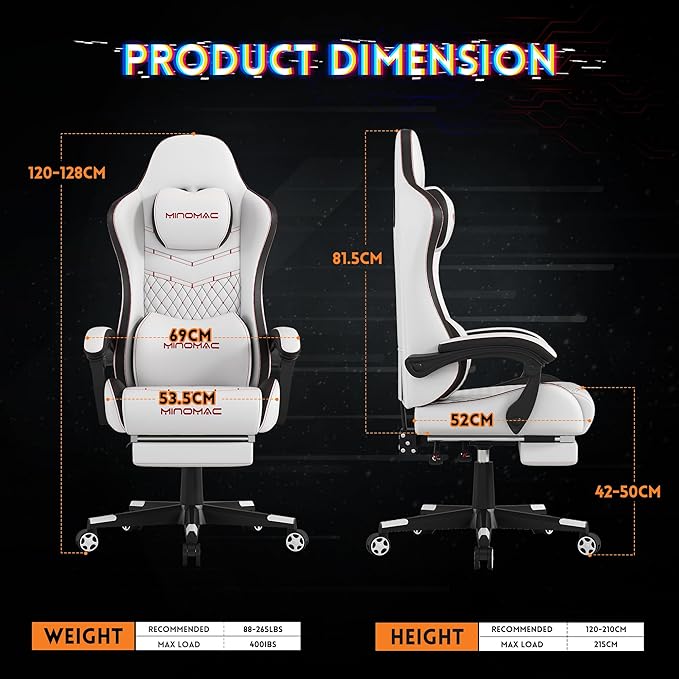 Gaming Chair,Ergonomic Computer Gaming Chair,400lb Load-Bearing,Retractable Footrest/Waist Support/Ergonomic Backrest[Spring + 4D Sponge] (White)