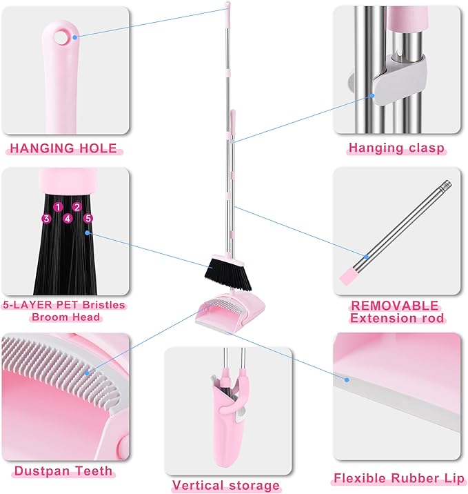 Broom and Dustpan Set, Broom with Dustpan Combo Set for Home 54-in Long Adjustable Handle Dustpan Teeth to Clean Hair for Home Office Kitchen Lobby