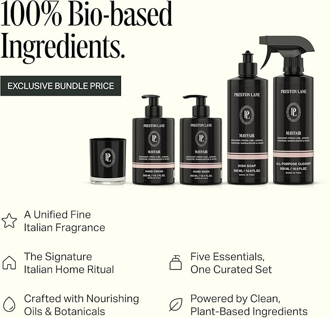 Preston Lane Signature Home Set – All Purpose Cleaner, Dish Soap, Hand Wash, Hand Cream & Scented Candle | Plant-Powered Cleaning & Care Essentials with Fine Italian Fragrance, Mayfair