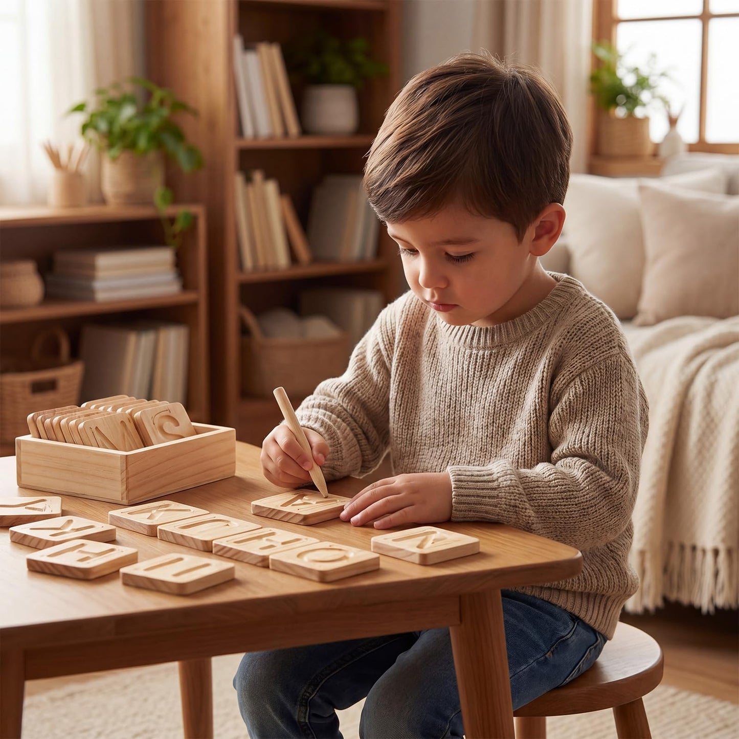 Jaloro Alphabet Tracing Board for Kids Montessori Wooden Letter Tracing Set, 26 Double Sided Uppercase & Lowercase Boards with Arrows, Handwriting Practice Toy with Stylus & Storage Box