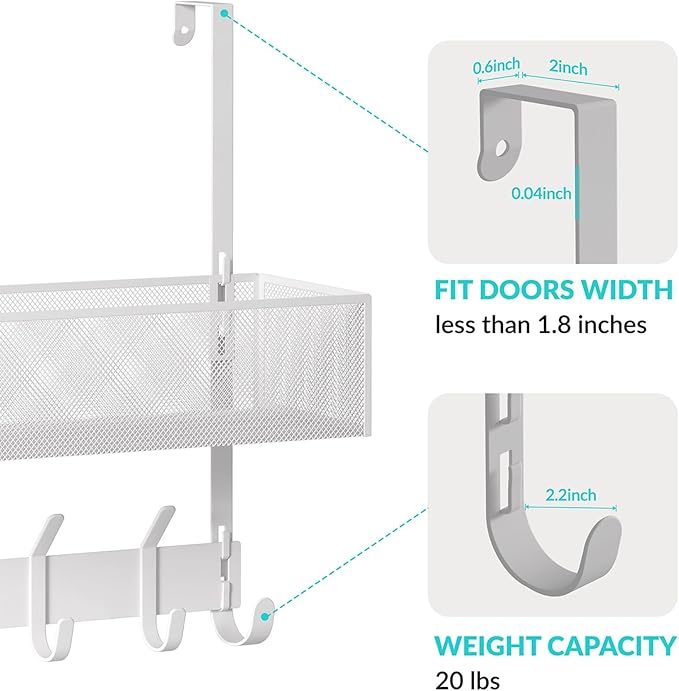 LUCYCAZ Over The Door Hooks Organizer, Door Hanger Storage with Coat Hooks Wreath Hanger & Mesh Basket, Over The Door Towel Rack Door Organizer for Bathroom,Bedroom,Kitchen (White), OVTD01