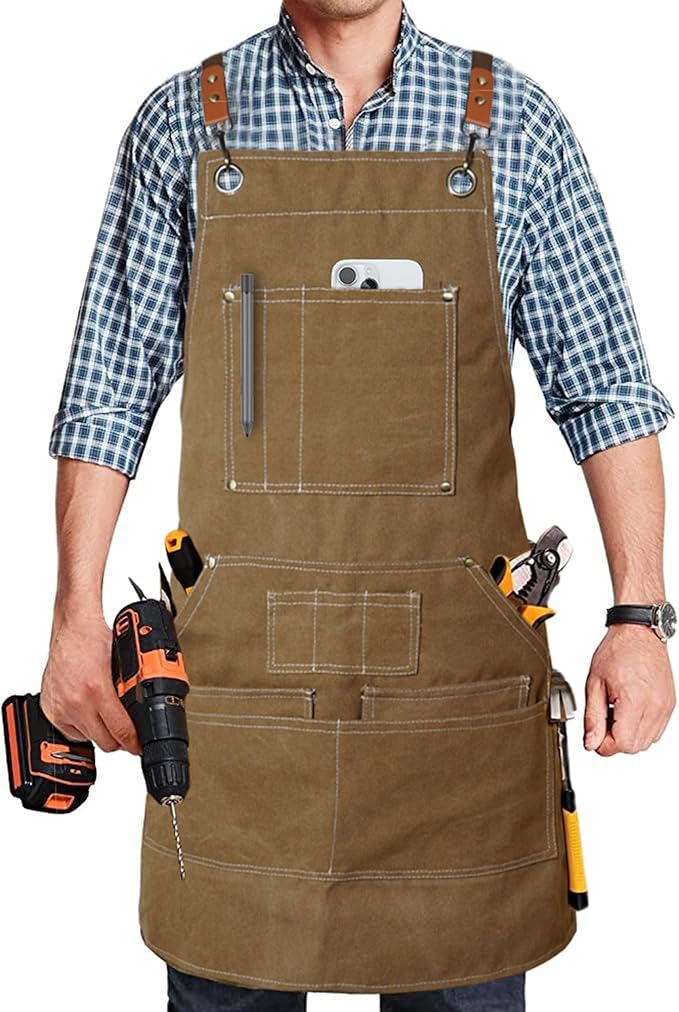 Yxiang Black Handmade Work Apron with 11 Tool Pockets, Heavy Duty Waxed Canvas Workshop Tool Aprons Woodworking Apron