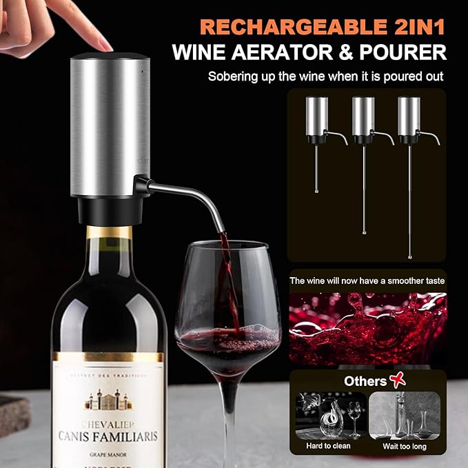 Electric Wine Bottle Opener Set, with Luxurious Wooden Gift Box, 2-in-1 Electric Decanter Wine Aerator & Dispenser, Vacuum Stopper, Foil Cutter, Automatic Wine Opener for Wine Lovers Home Bar