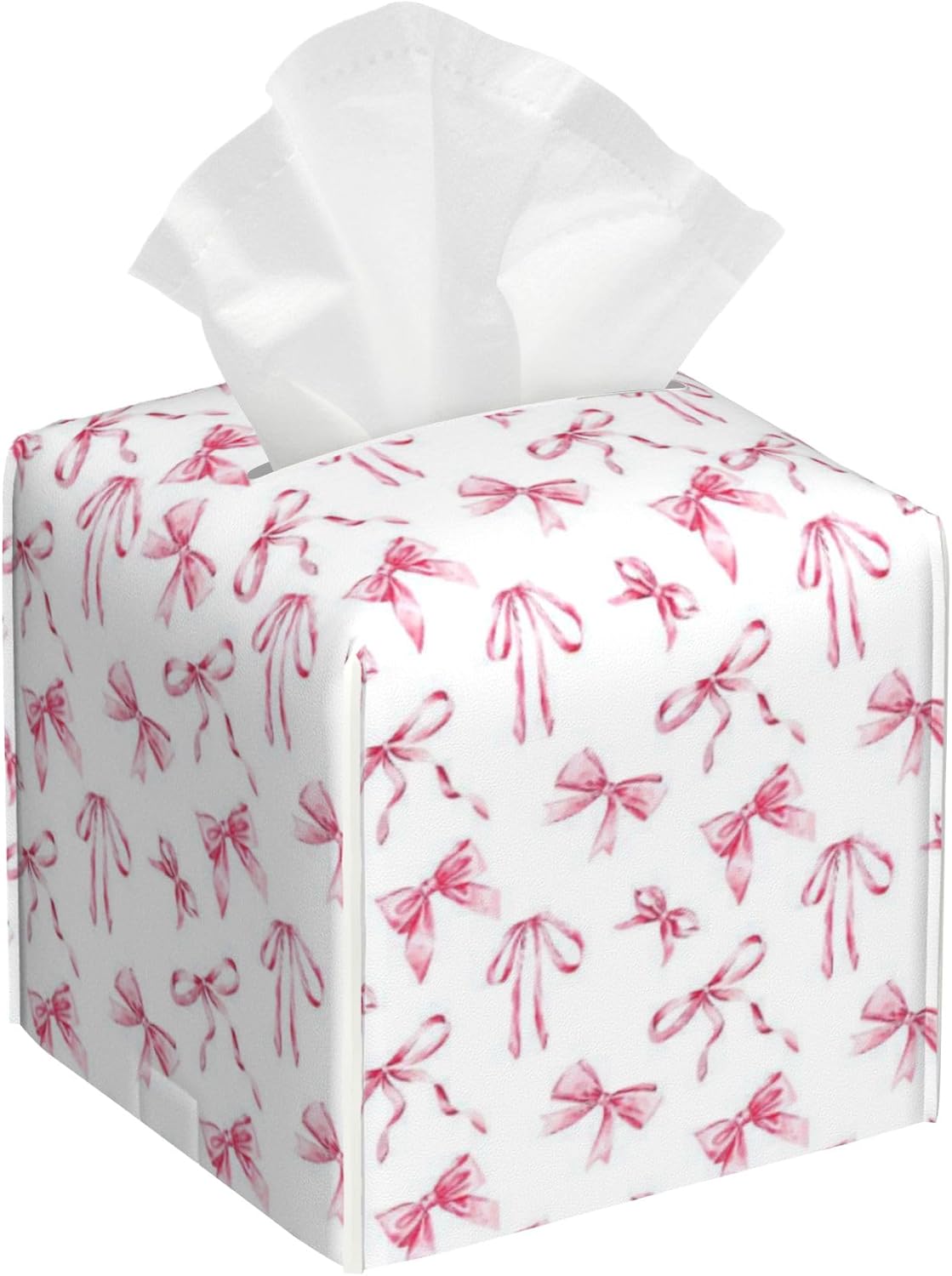 Watercolor Pink Ribbon Bow Tissue Box Cover Square,Leather Tissue Holder with Bottom Belt,Waterproof Leather Facial Paper Organizer Tissue Box Cover for Home Office Bathroom Vanity,5.2" x 5.2" x 5.2"