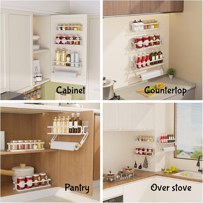 3 Pack Wall Mounted White Spice Rack With Paper Towel Holder and Hooks, Space Saving Adhesive Hanging Spice Rack for Spice Jars and Seasonings,Spice Racks Organizer for Cabinet,Pantry Door