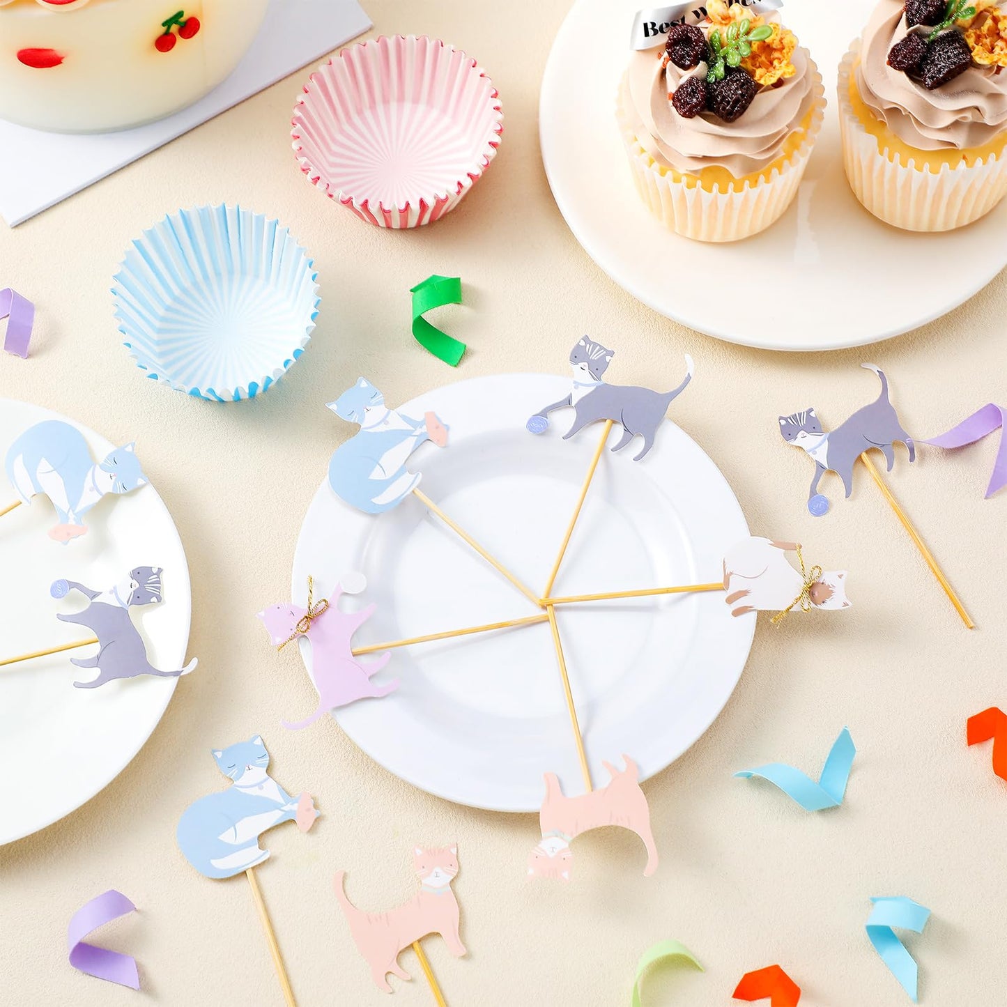Vesici 48 Pcs Cute Kitten Cupcake Kit Include 24 Cat Cupcake Toppers and 24 Blue Pink Cake Liners Kitten Pet Themed Party Supplies for Birthday Pet Adoption Party Decorations