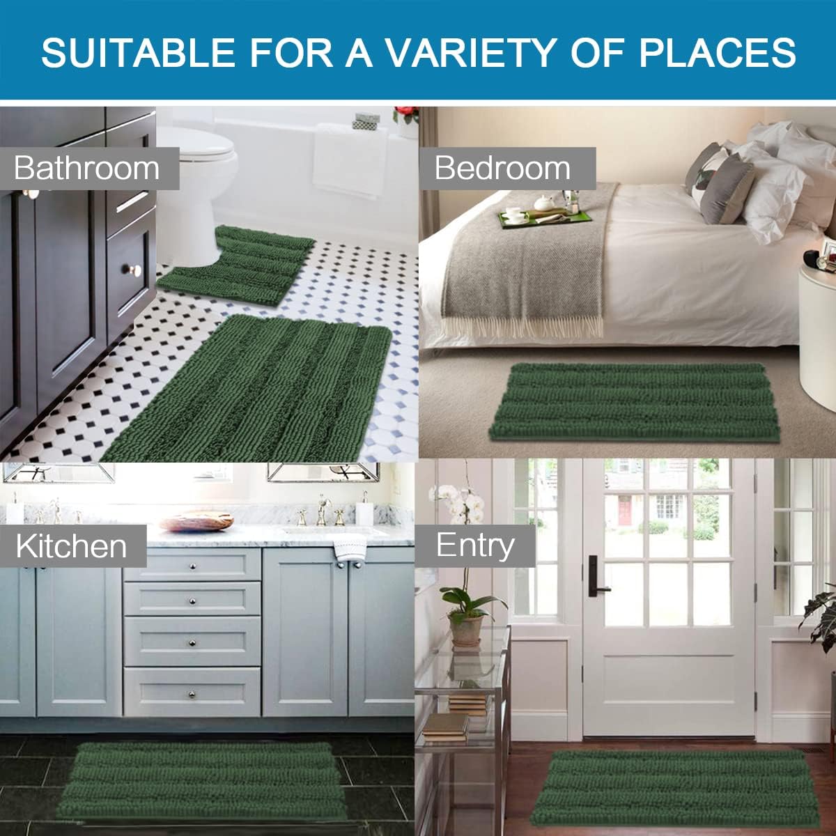 H.VERSAILTEX Bathroom Rugs Bath Rug Set 2 Piece Bathroom Contour Rug Toilet Mat Sets Non Slip Contour Bath Rug Ultra Thick Water Absorbent Striped Bath Mats(20" x 32" Plus 20" x 20" U, Bronze Green)