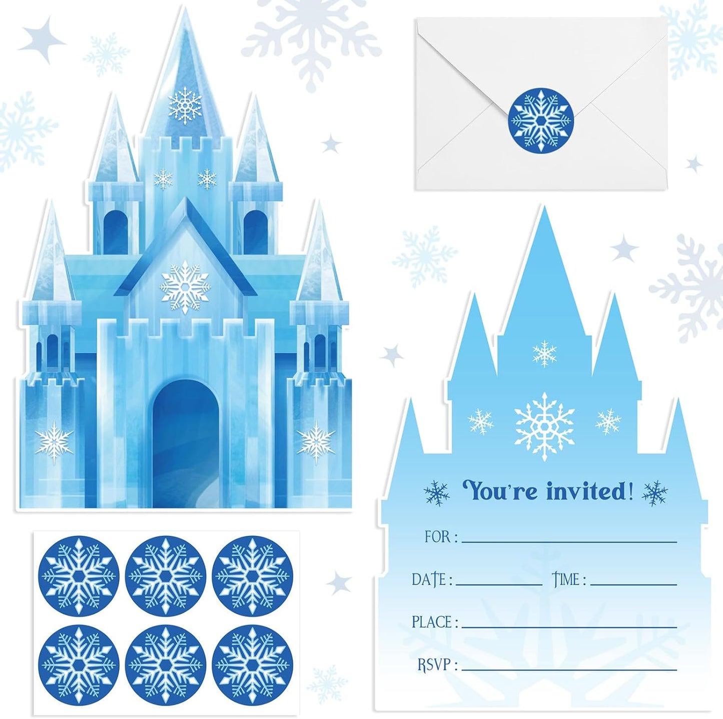 30 Sets Snowflake Castles Christmas Birthday Invitations with Envelopes Stickers Winter Snow Themed Invitations for Girl Kids Birthday Party Supplies Decoration