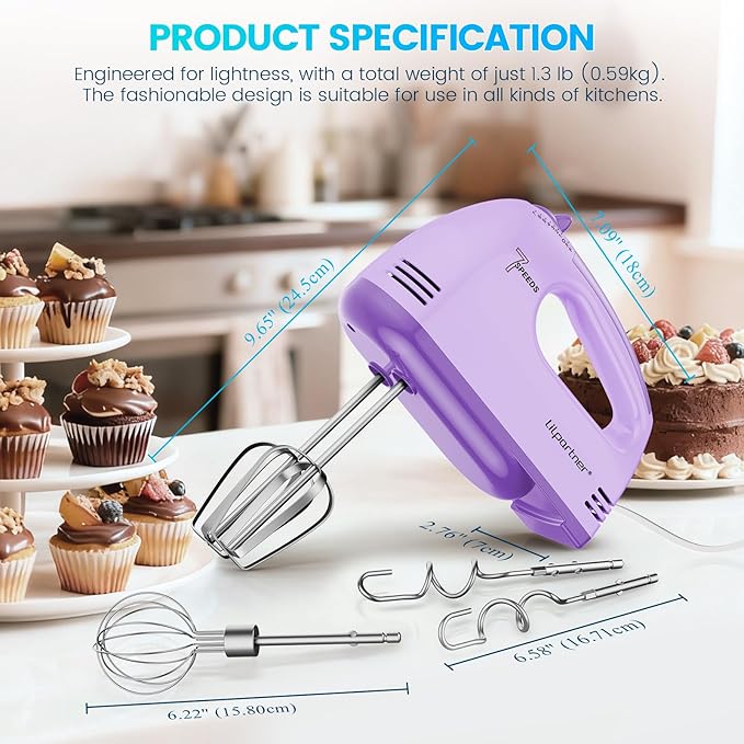 Hand Mixer Electric, Small Food Mixer 7 Speeds Handheld Blender,304 *(1* Whisk, 2* Beater, 2*Dough Hook) Kitchen Blender for Cream, Cookies, Dishwasher Safe, Purple
