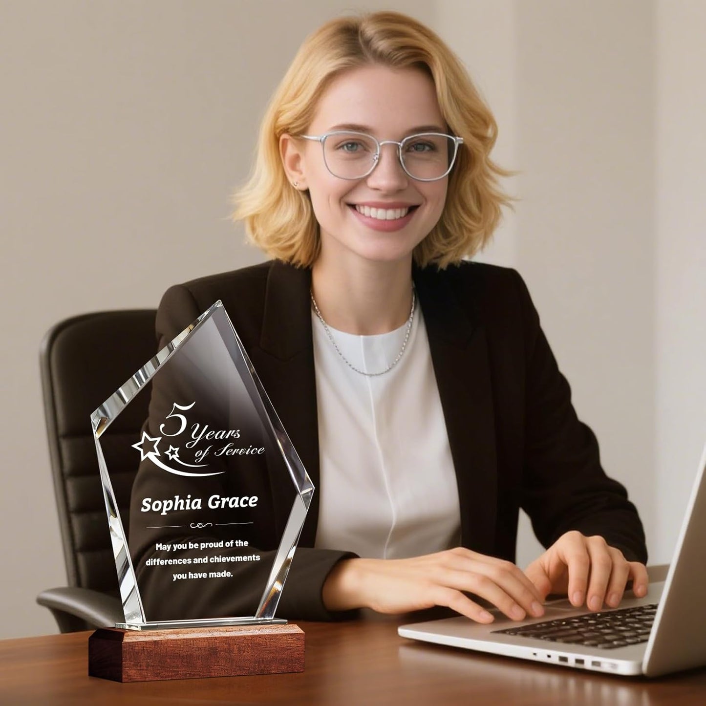 Custom Crystal Trophy Award with Wood Base, Custom Plaque Personalized Engraved with LOGO Text, Employee Appreciation Gift, Retirement Gift for Employee Coworker, Sports Recognition Trophies